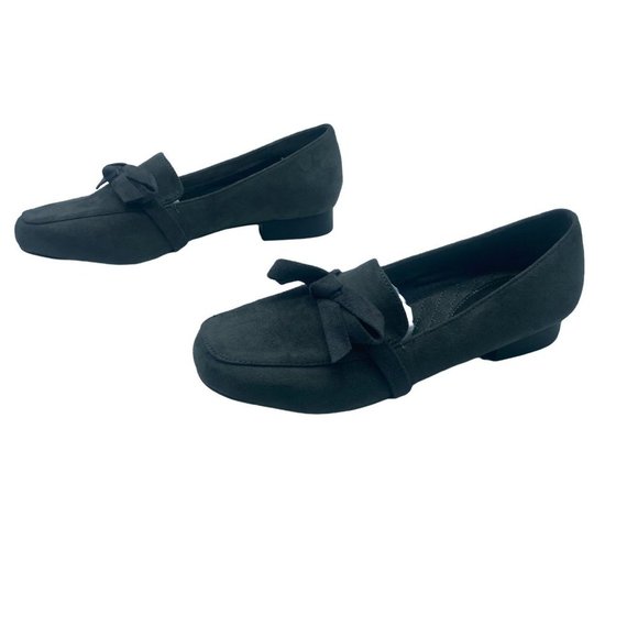 Haband Mushrooms Dark Gray Slip On Loafers Shoe Top Bow Faux Suede NWOT - Picture 1 of 7